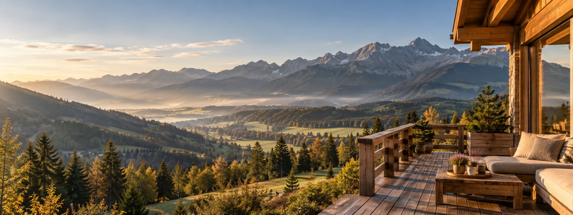 Taras obiektu noclegowego z widokiem na Tatry